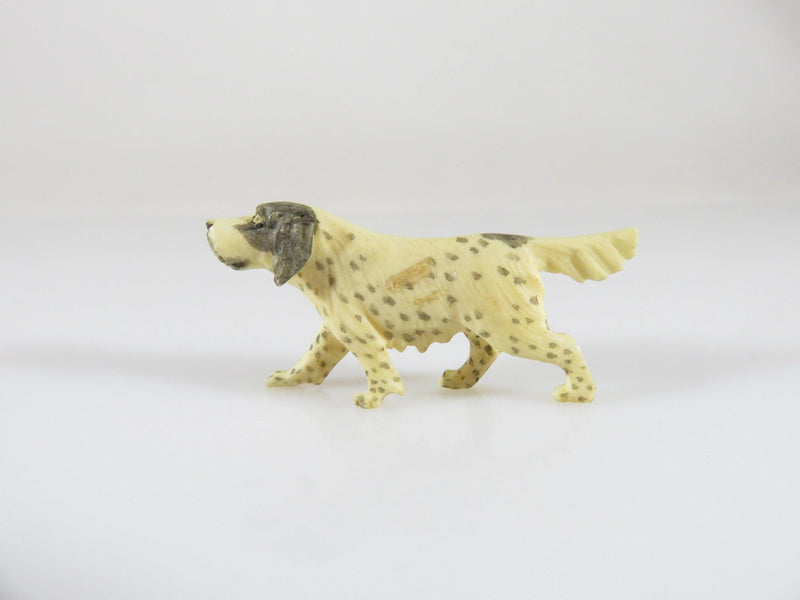 Antique Miniature English Setter Hand Carved in Bone With Black Spots - Just Stuff I Sell