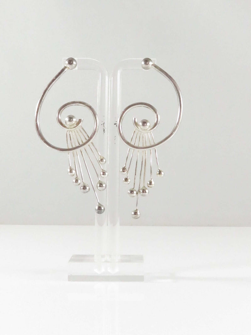 Artisan Art Nouveau Style Sterling Spray Earring Set 3 1/8" Drop Pierced Ears