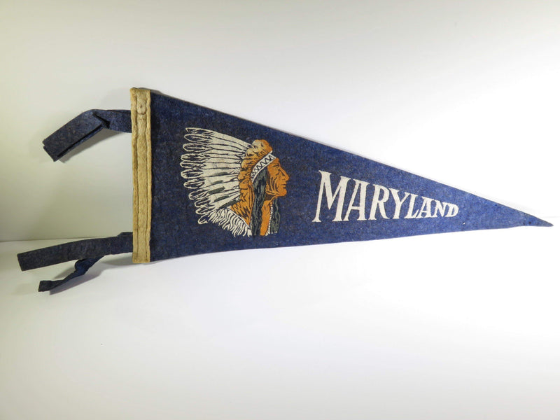 Circa 1950's 12" Maryland State Souvenir Felt Pennant Flag With Indian Logo - Just Stuff I Sell