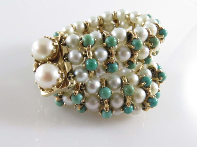 Beautiful 83 Pearl 52 Turquoise 7" TL Bracelet 14K Yellow Gold Setting 33.4 Gram