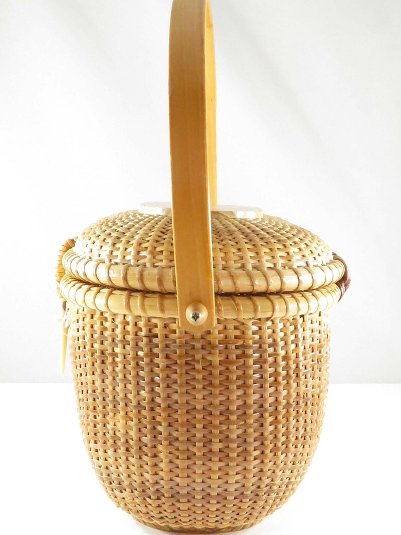 c1990's Nantuket Style Woven Basket with Wood Accents Used as Sewing Basket