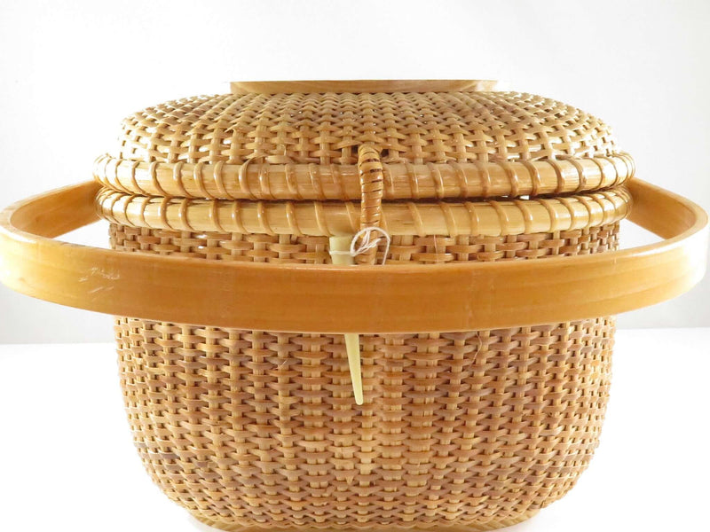 c1990's Nantuket Style Woven Basket with Wood Accents Used as Sewing Basket