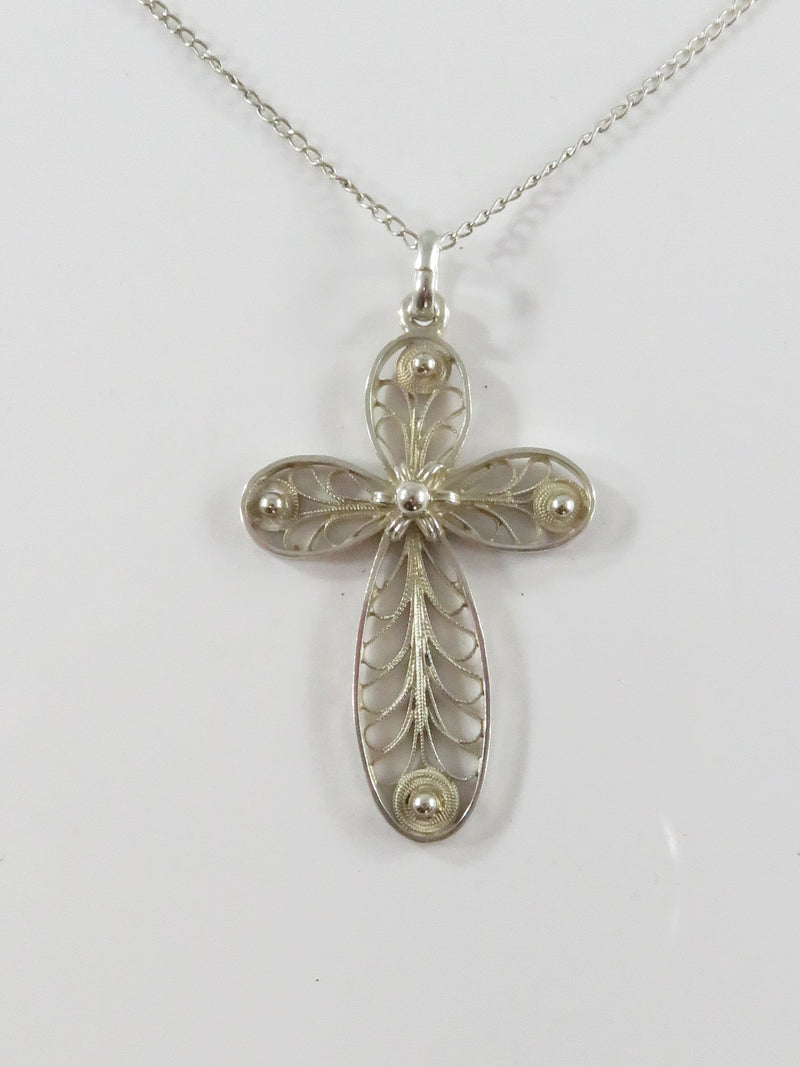 Vintage Sterling Silver Filigree Cross 1 7/8" With 18" Sterling Silver Chain