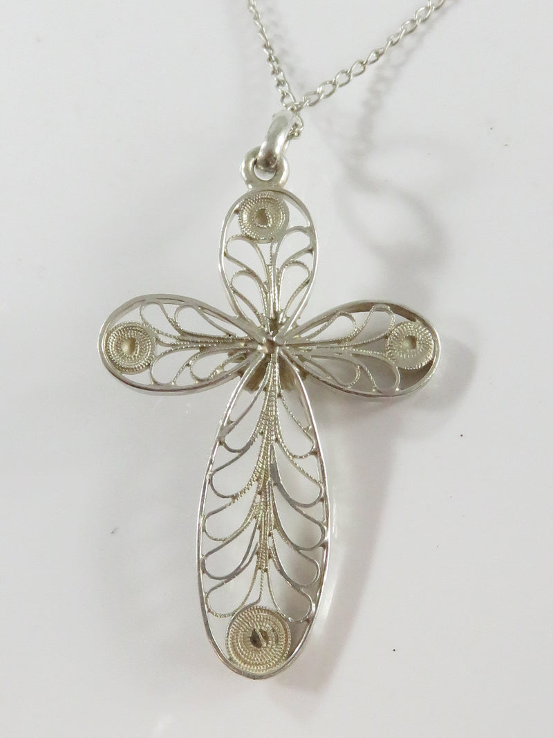 Vintage Sterling Silver Filigree Cross 1 7/8" With 18" Sterling Silver Chain