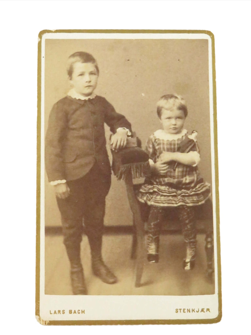 Antique CDV Little Boy, Little Girl Named Sitters Lars Bach Stenkjer Norway 4 1/8" x 2 1/2"