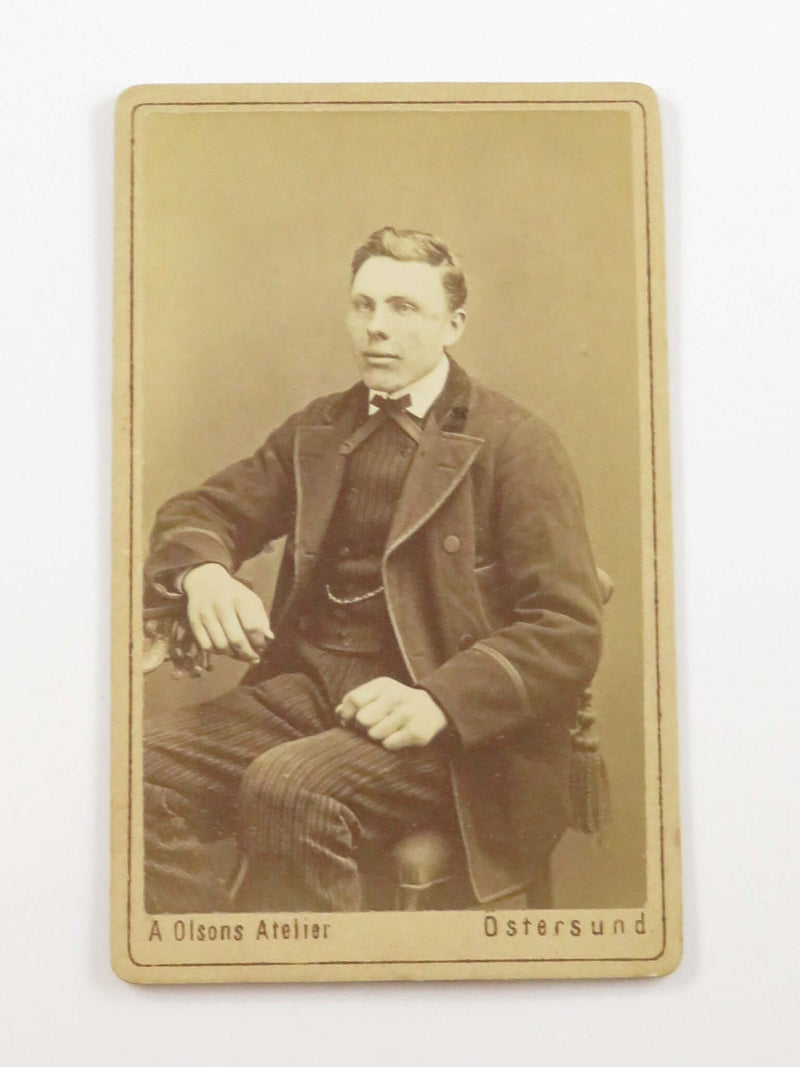 Antique CDV Man Seated Leaning on Table A. Olson Ostersund Sweden 4" x 2 1/2"