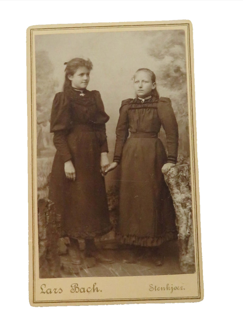 Antique CDV Two Young Ladies Holding Hands Lars Bach Stenkjoer 4 1/8" x 2 1/2"