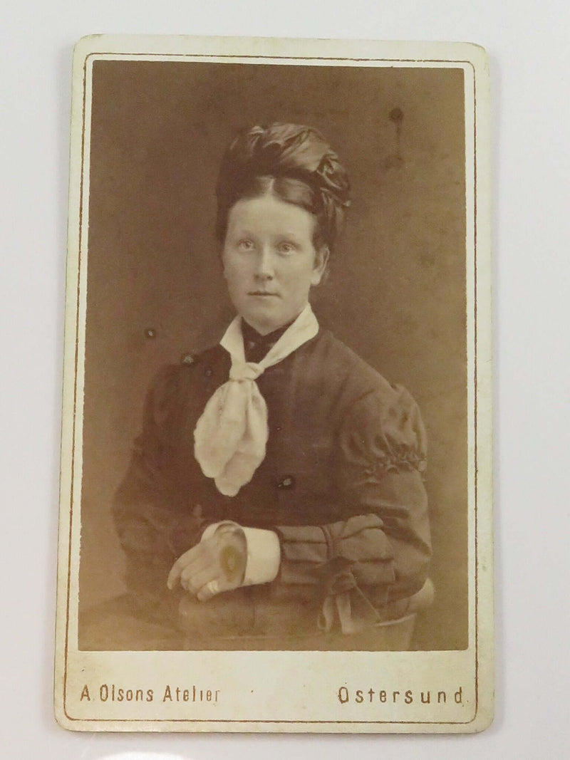 Antique CDV Woman With Scarf and Traditional Hat A. Olson Ostersund Sweden 4" x 2 1/2"