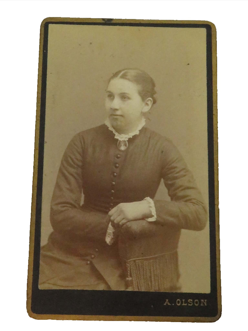 Antique CDV Woman Wearing Cameo A. Olson Ostersund Sweden 4 1/8" x 2 1/2"
