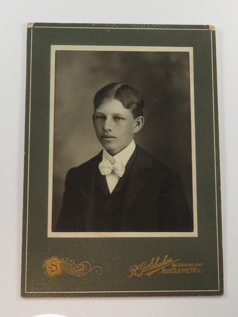 Antique RG Shaker Photograph of Cute Young Man in Bow Tie Eau Claire Wisconsin