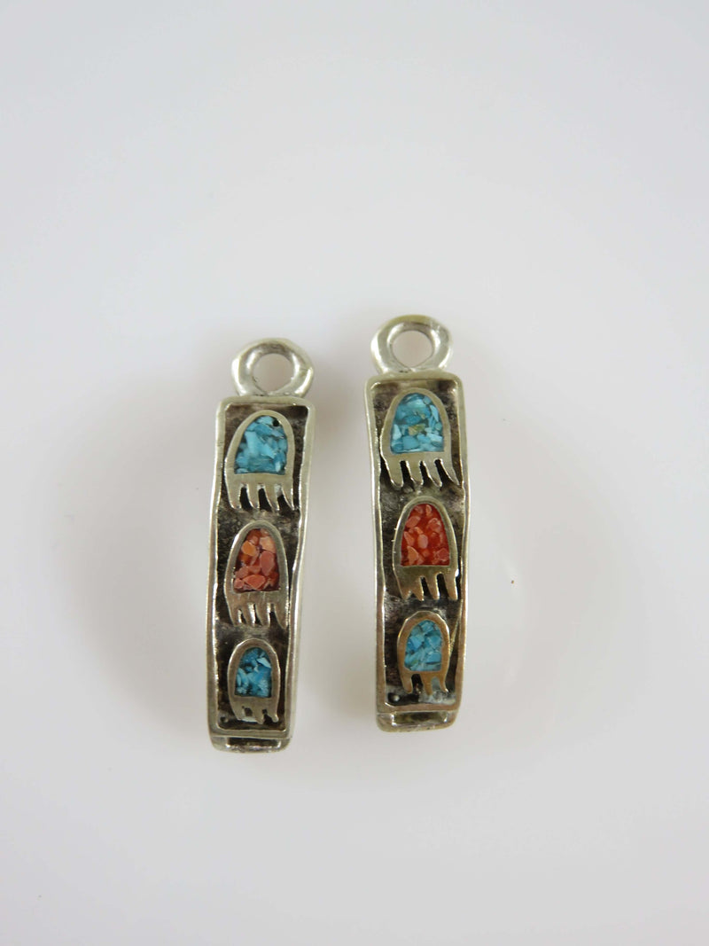 1970's Navajo Crushed Turquoise Coral Bear Claw Cast Silver Watch Tips