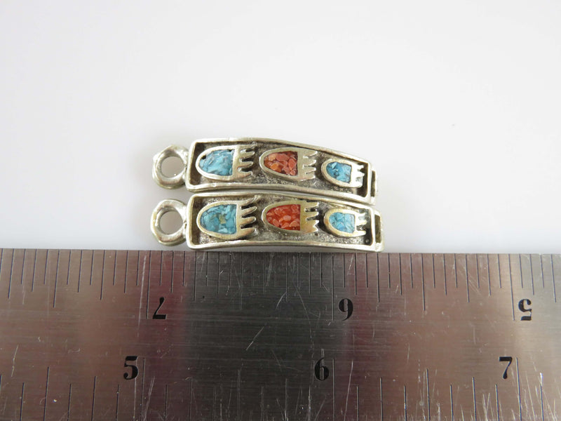 1970's Navajo Crushed Turquoise Coral Bear Claw Cast Silver Watch Tips