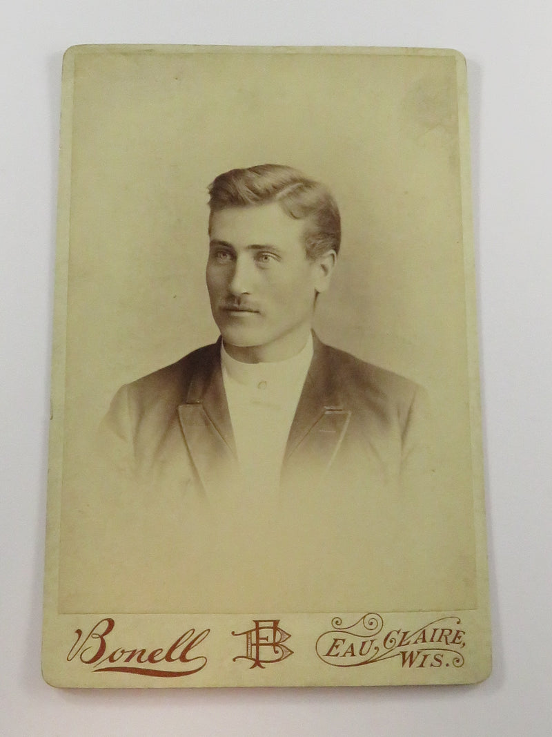 Antique Cabinet Card Bonell Handsome Man in High Collar Eau Claire Wisconsin c1880