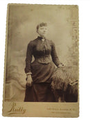 Antique Cabinet Card by Reilly Woman Standing Pinstripe Dress c1886 New York — Pearl, Seed Pearl — front view