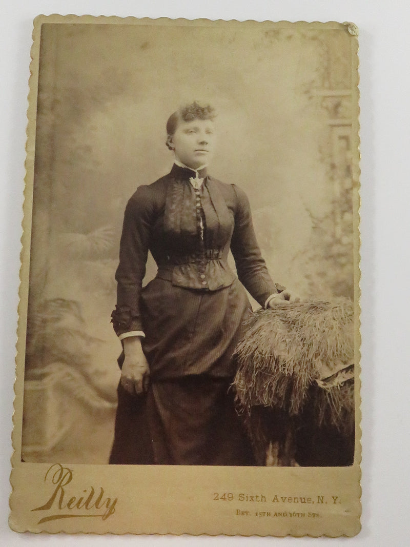 Antique Cabinet Card by Reilly Woman Standing Pinstripe Dress c1886 New York