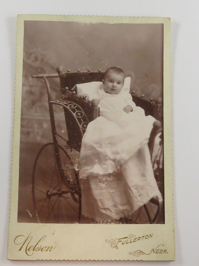 Antique Cabinet Card Cute Baby in Carriage Nelson Fullerton Nebraska c1890