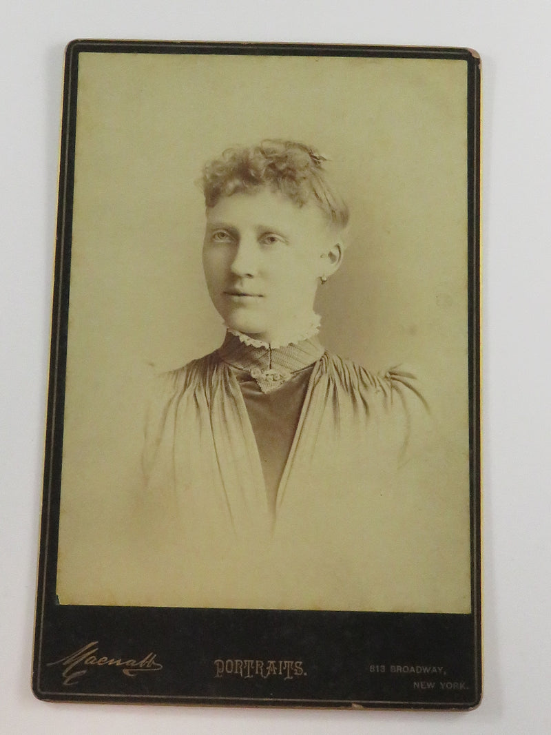 Antique Cabinet Card Woman Wearing Carved Brooch Macnabby Portraits Broadway NY c1890
