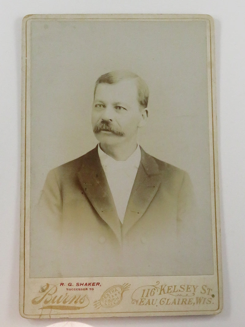 Antique Cabinet Card Older Man Big Mustache in Black R. G. Shaker Eau Claire Wis
