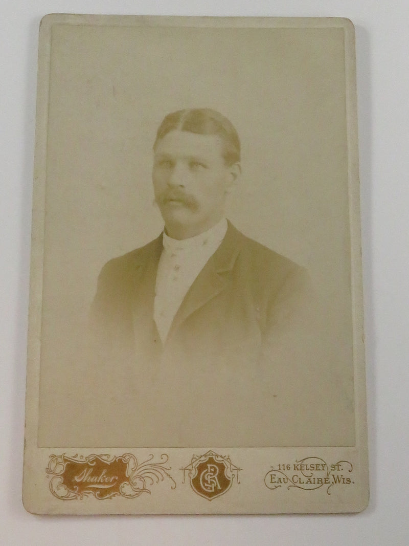 Antique Cabinet Card Man in Tie, Center Part, Facing Left Shaker Eau Claire Wisc