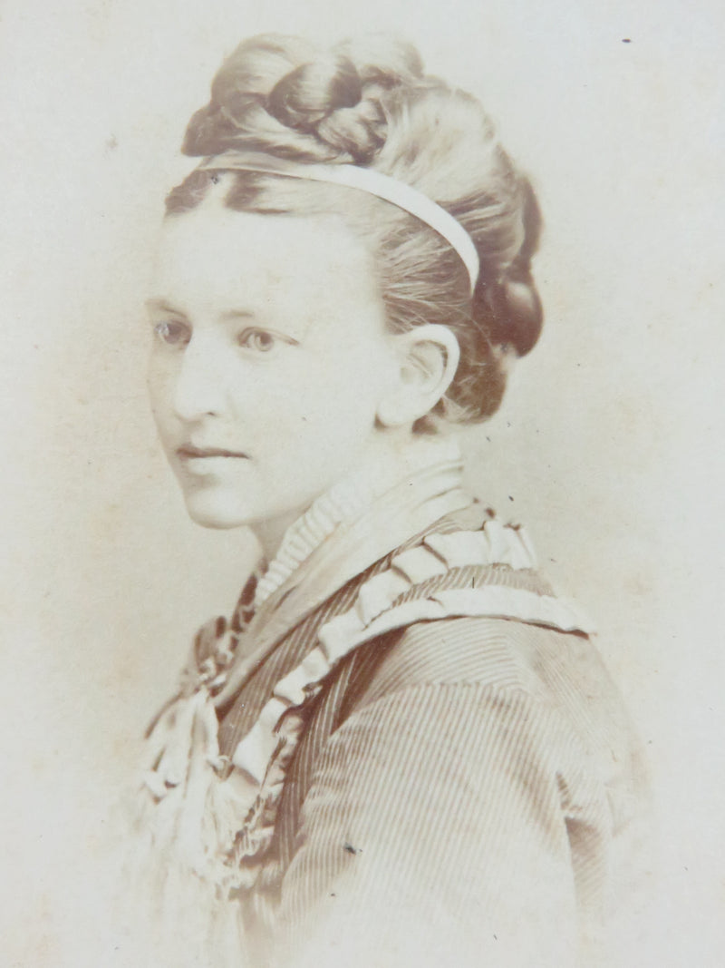 Unnamed Sitter Victorian Woman in Stripes E. Decker Cleveland Ohio Antique Photograph