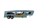 1950's Japan Tin Car Hauler Trailer with Red Sedan Yellow Station Wagon — Silver — front view