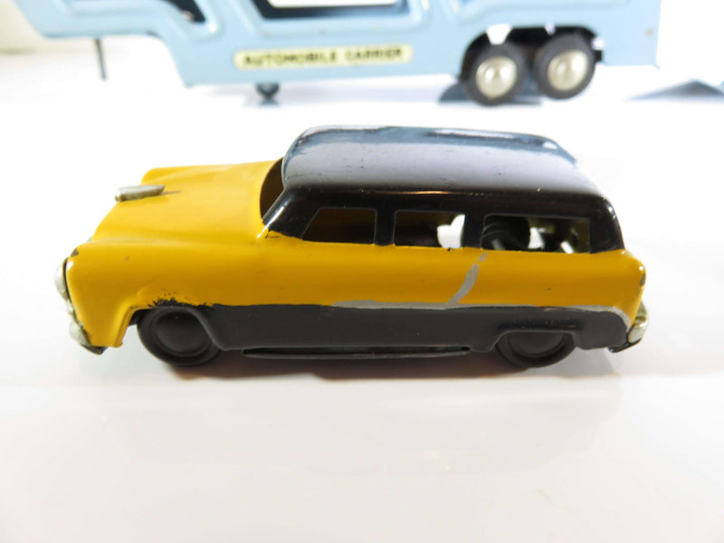 1950's Japan Tin Car Hauler Trailer with Red Sedan Yellow Station Wagon - Just Stuff I Sell