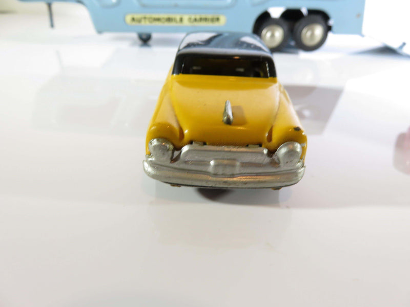 1950's Japan Tin Car Hauler Trailer with Red Sedan Yellow Station Wagon - Just Stuff I Sell