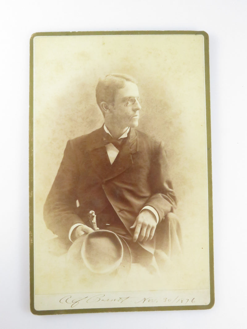 Named Sitter Young Man with Hat Cane & Spectacles Eylria Ohio Antique Photograph