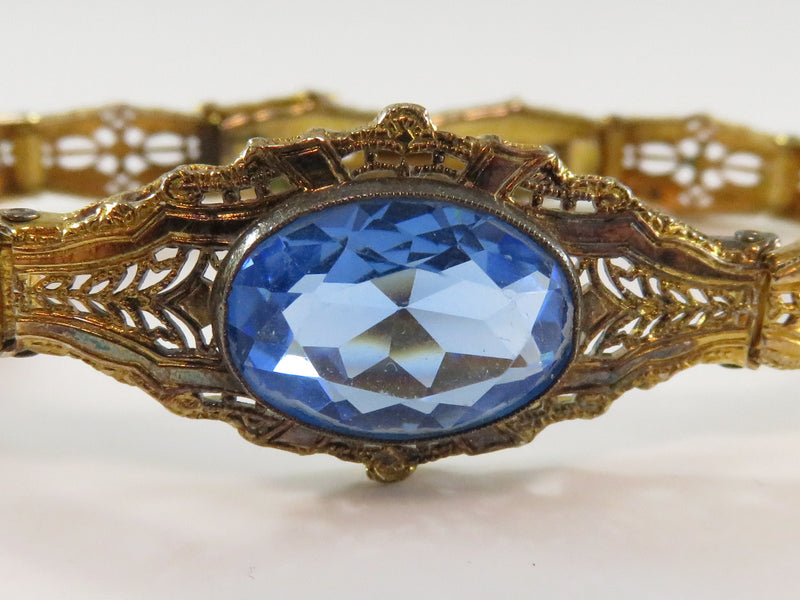 Vintage Filigree Art Deco Blue Glass Stone Bracelet Esemco Gold Plate 6 1/2" Wrist