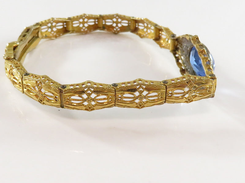 Vintage Filigree Art Deco Blue Glass Stone Bracelet Esemco Gold Plate 6 1/2" Wrist