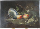 Antique Oil on Canvas Still Life Apples Grapes, Bowl & Flowers Unsigned 11 1/2" x 8" — front view