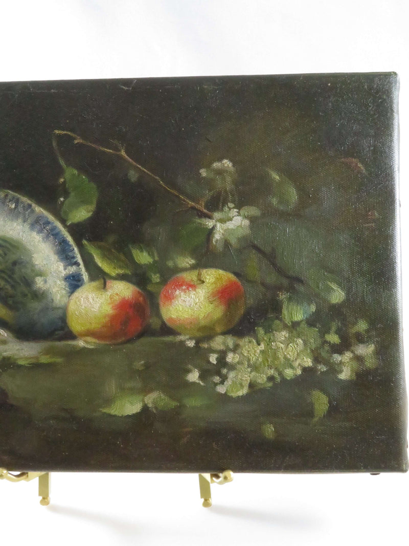 Antique Oil on Canvas Still Life Apples Grapes, Bowl & Flowers Unsigned 11 1/2" x 8"