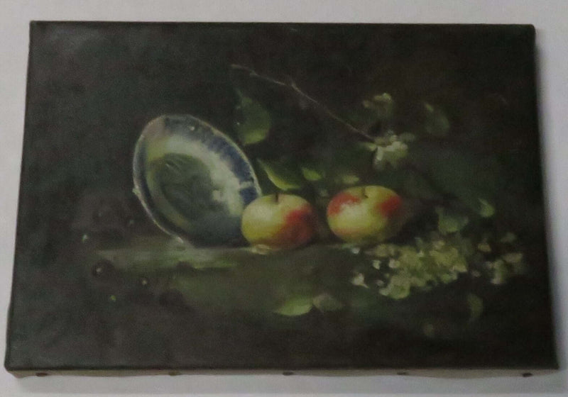 Antique Oil on Canvas Still Life Apples Grapes, Bowl & Flowers Unsigned 11 1/2" x 8"