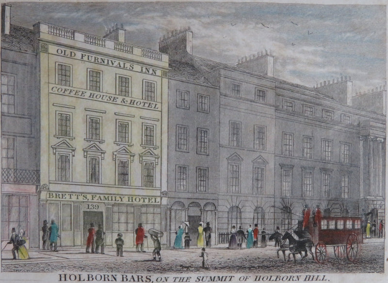 Rare 1830c Holborn Bars, on the summit of Hoborn Hill, Colored Etching, 5 3/4" x