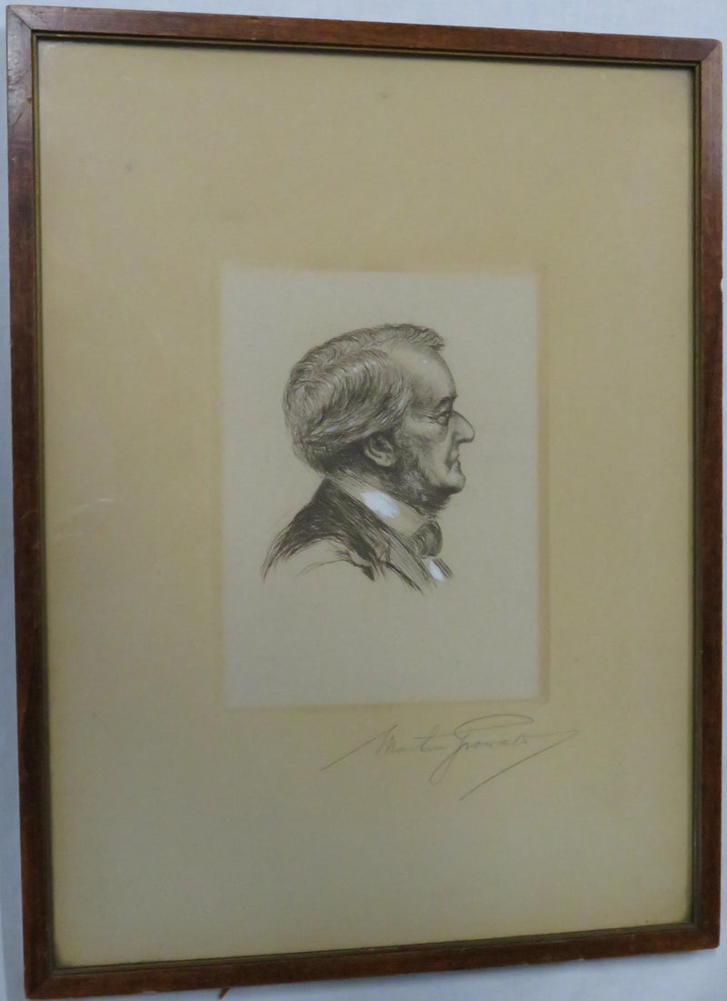 Old Man in Profile Lithograph in Watercolor by Martin Growald c1900