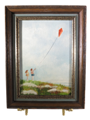 Two Children on the Beach Flying A Kite Oil On Art Canvas Board 5x7 Unsigned c1978 — front view