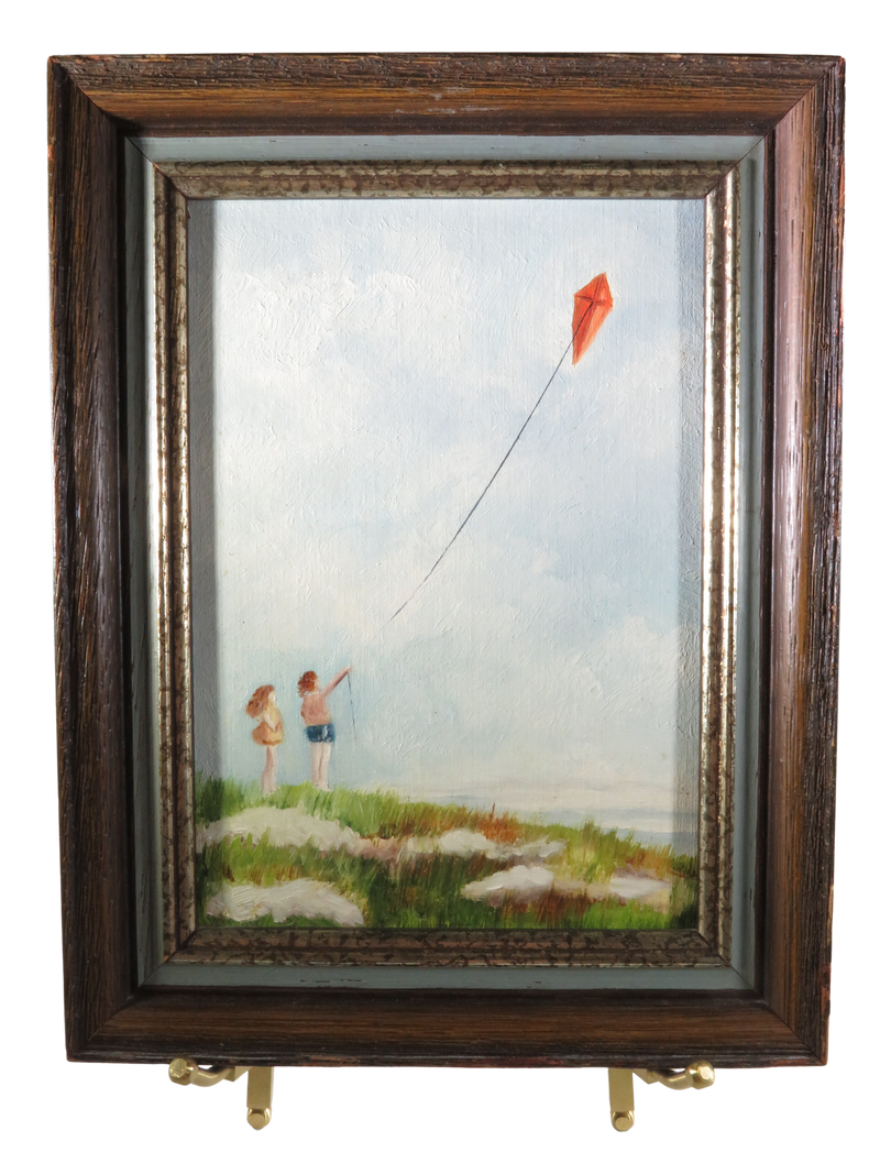 Two Children on the Beach Flying A Kite Oil On Art Canvas Board 5x7 Unsigned c19