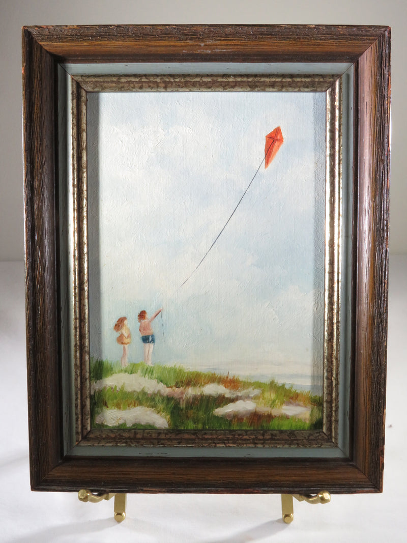 Two Children on the Beach Flying A Kite Oil On Art Canvas Board 5x7 Unsigned c19