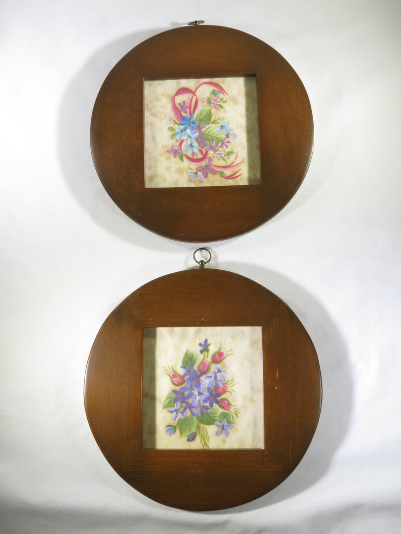 Retro Set of Round Frames with Matching Flower Displays under Glass 8" Across