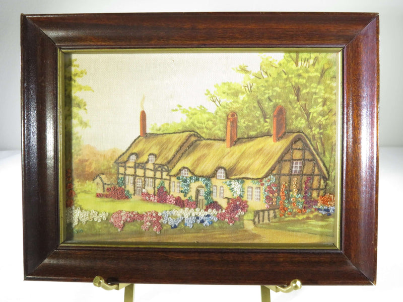 Blooming Flowers & Cottage Scene Embroidery Needlepoint Lithograph Art Audrey D Dudley