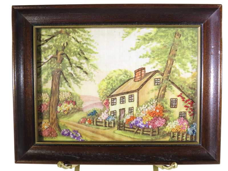 Spring Time Floral House Embroidery Needlepoint Lithograph Art Audrey D Dudley