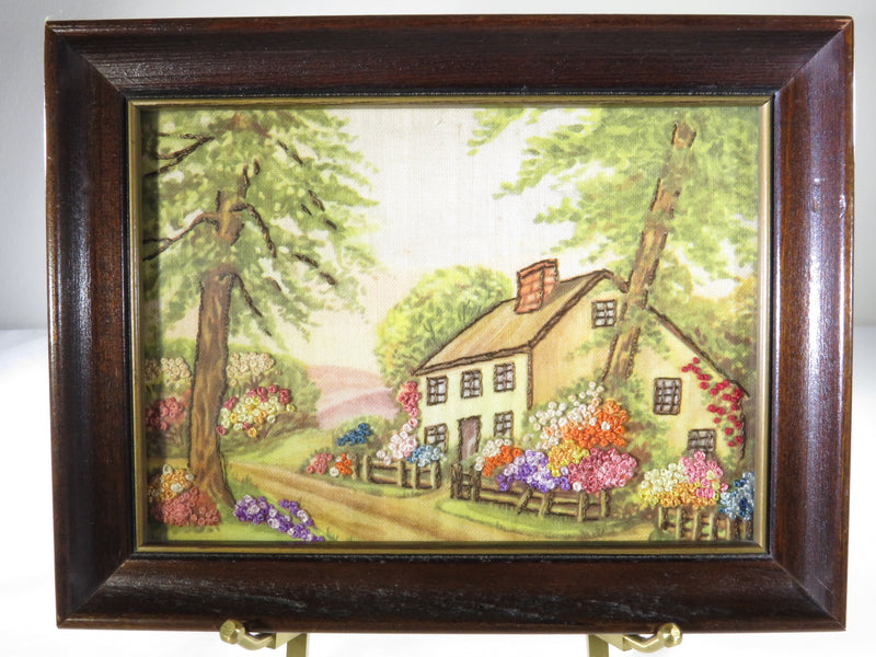 Spring Time Floral House Embroidery Needlepoint Lithograph Art Audrey D Dudley