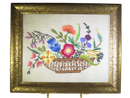 Mid Century Floral Embroidery Stitched Needlepoint Art Gilt Frame Unsigned 10.5" product image for Just Stuff I Sell, clear front view, neutral background, original listing photo, optimized descriptive alt text, centered composition