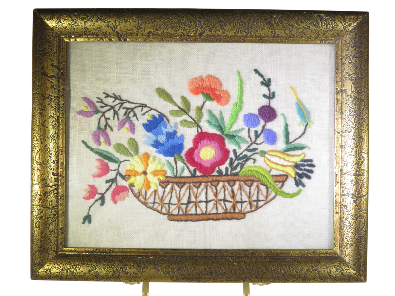 Mid Century Floral Embroidery Stitched Needlepoint Art Gilt Frame Unsigned 10.5"
