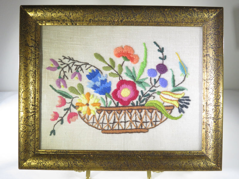 Mid Century Floral Embroidery Stitched Needlepoint Art Gilt Frame Unsigned 10.5"