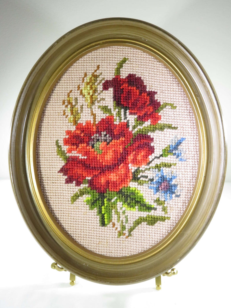A Vintage Set of Oval Floral Embroidery Stitched Art Unsigned 10" x 8" OD