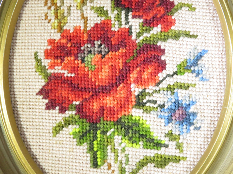A Vintage Set of Oval Floral Embroidery Stitched Art Unsigned 10" x 8" OD