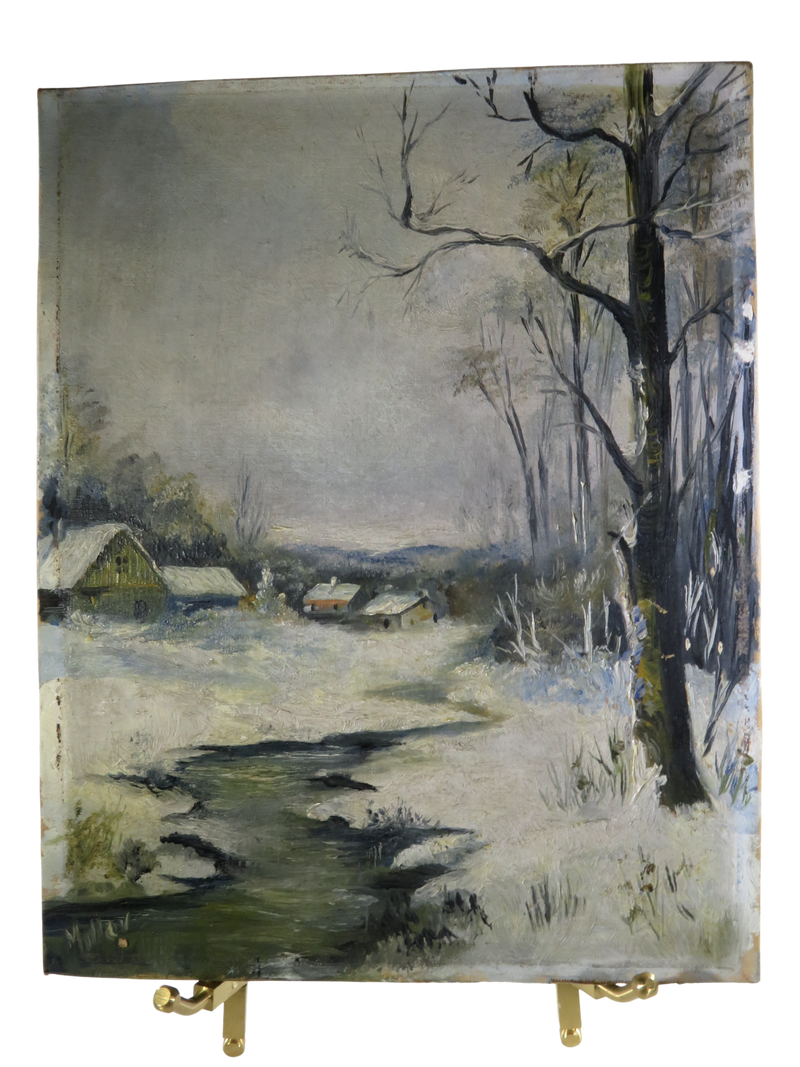 Oil on Canvas Board Snowy Creek Farm Scene Signed Miller Antique 9" x 7"