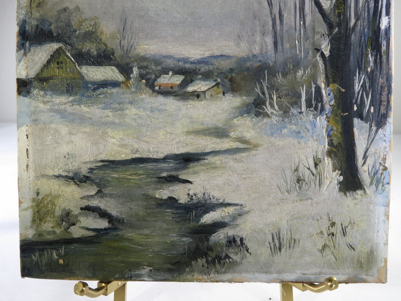 Oil on Canvas Board Snowy Creek Farm Scene Signed Miller Antique 9" x 7"
