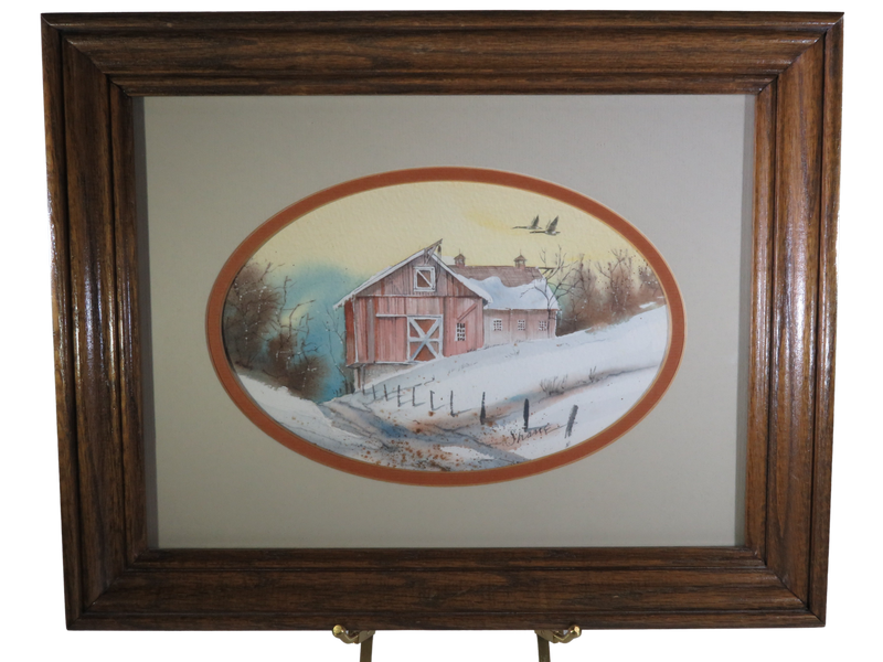 Winter Barn & Flying Canadian Geese Original Watercolor by Thomas C Green (Shane